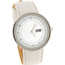 Round Dial Waterproof Analog Watch with PU Leather Strap (White)