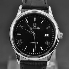Round Quartz Shining Leather Mineral Glass Silver White Stainless Steel Elegant