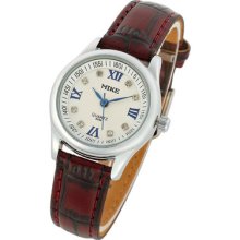 Round White Dial Roman Numerals Stainless Steel Claret-red Leather Watch