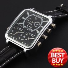 Russian Pilot Dial Men 3 Time Zone Sport Wrist Watch Analog Black S-leather
