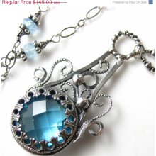 SALE Swiss Blue Glass Necklace - Sterling silver and Swiss Blue Topaz