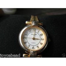 Sharp Quartz Wristwatch Women's Gold Tone Working W/stretch Band Sec