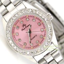 Shiny Pink Women Lady Watch Diamond Light Quartz Dress Gift Steel