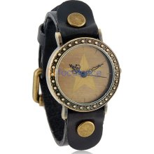 Shshd Star Pattern Analog Watch with PU Leather Strap (Black)