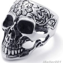 Silver Black Tone Stainless Steel Skull Mens Ring Size 8,9,10,11,12,13 Eu21423