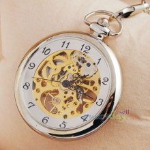 Silver Fashion Mechanical Hand Wind Pocket Watch Golden See Through Dial W/chain