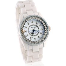 SINOBI Men's Round Dial Analog Watch with Ceramic Strap & Crystal Decoration (White)