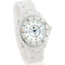 SINOBI Men's Round Dial Analog Quartz Watch with Ceramic Strap & Crystal Decoration (White)