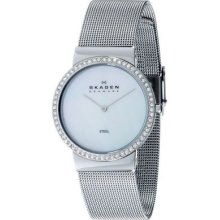 Skagen Denmark Womens White Mother-of-pearl Dial Crystal Accented Mesh Watch