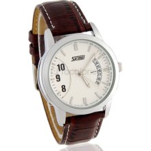 Skmei 9055 Stylish Water Resistant Analog Watch with Leather Strap (Silver)