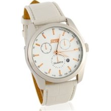 SKMEI Round Dial 30m Waterproof Analog Watch with Leather Strap (White)