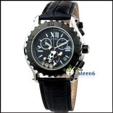 Skull Head Japan Movement Leather Date Fashion Quartz Men Eyki Wrist Watch