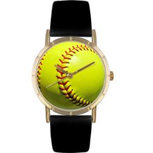 Softball Lover Black Leather And Goldtone Photo Watch #P0840003
