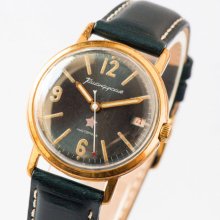 Soviet military watch Komandirskie/Vostok, gold plated AU 20 mens watch blue gray metallic face watch