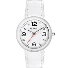 Sperry Top-Sider 'Sandbar' Round Leather Strap Watch, 40mm White/ Silver