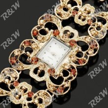 Square Antiquing Crystal Engraved Quartz Watch - Golden - Stainless Steel - Rose Gold