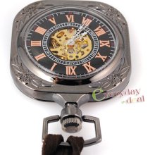 Square Black Steel Engraved Floer Mechanical Pocket Watch Leather Necklace