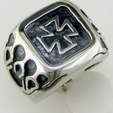 Square Iron Cross With Flames Ring Stainless Steel