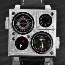 Square Military Army Men's Quartz Leather Wrist Watch Dual Time Zone Black