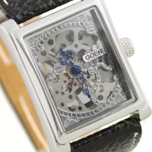 Square Skeleton Mens Silver Watch Handwind Mechanical Black Leather