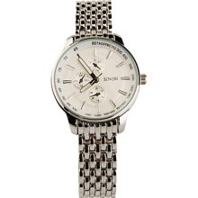 Stainless White Tone Steel Round Shape Quartz Watch For Women White+Silvery