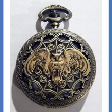 Steampunk Antique'd Owl with Bronze Spiderweb Pocket Watch and Gun Metal Black chain fob