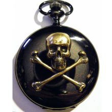 Steampunk Black Gun Metal and Golden Brass Skull Pocket Watch Necklace or Chain Fob