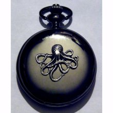 Steampunk Black Gun Metal and Silver Octopus Pirate Sailor Pocket Watch Necklace or Chain Fob