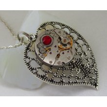 Steampunk Gothic Leaf necklace - with vintage watch movement and antiqued silver filigree leaf - one of a kind
