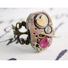 Steampunk Heart Ring with Vintage Watch Movement and Genuine Ruby