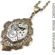 Steampunk Jewelry - Petite Steampunk Necklace - Upcycled Antique Watch Movement - Brass Victorian Revival Pendant