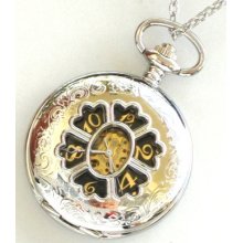 Steampunk - MAD HATTER - Silver Pocket Watch - Mechanical - Large - Necklace - Stainless Steel Silver - Neo Victorian - By GlazedBlackCherry
