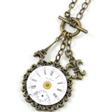 Steampunk Necklace - Oh, Paris - Vintage Porcelain Pocket Watch Face Pendant with Antiqued Brass Charm Accents by Ghostlove
