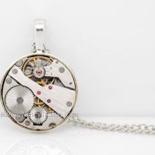 Steampunk Necklace, Silver Necklace, Vintage Mechanical Watch Movement, Steampunk Watch Parts Jewelry, Wedding Jewelry