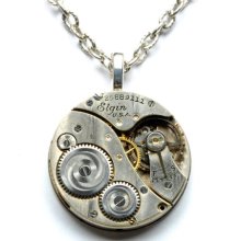 Steampunk Necklace Steampunk Pocket Watch Necklace Antique Art Deco Striped Elgin Silver Steam Punk Jewelry By VictorianCuriosities