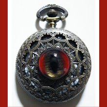Steampunk Red Snake Demon Cat Glass Eye Gothic Pocket Watch Necklace Chain Fob