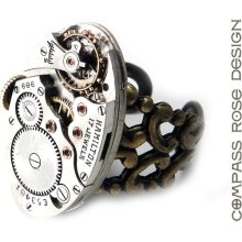 STEAMPUNK RIng Brass Oval Statement Clockwork Antique Hamilton Watch Movement Real Ruby Jewels