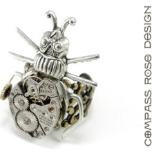 Steampunk Ring Silver on Brass Clockwork Insect Watch Movement Ring by Compass Rose Design