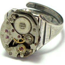 Steampunk Ring Vintage 17 Jewels Watch Movement Silver Designed By Mystic Pieces