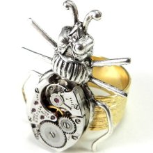 Steampunk Scarab Ring - Silver and Gold Clockwork Scarab Beetle - Victorian Insect Watch Movement Ring