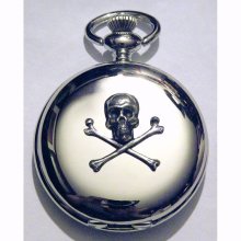 Steampunk Silver Mirror finish Skull and Bones Pocket Watch Necklace or Chain Fob