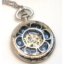Steampunk - VINTAGE FLOWER Pocket Watch - Mechanical- Shiny Silver Black Face - Necklace - Neo Victorian - GlazedBlackCherry -Pre Sale-