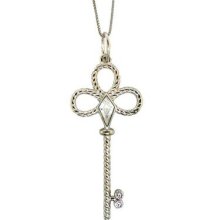Sterling Silver 925 Crown Shaped Clear Cz Key Pendant Necklace With Chain