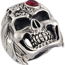 Sterling Silver Men Skull Ring With Red Stone On Head (tr107)