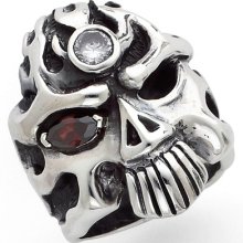 Sterling Silver Men Skull Ring With White And Red Cz Stone In Sizes 10-16 (tr114
