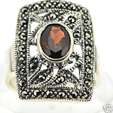 Sterling Silver Natural Garnet & Marcasite Ring Sz 6.75