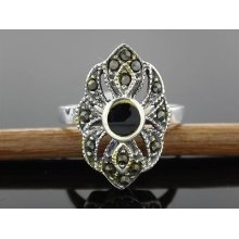Sterling Silver Onyx & Marcasite Marquise Ring Size 7