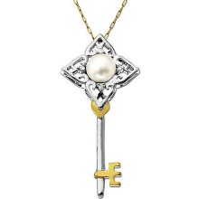 Sterling Silver with 14 Kt. Yellow Gold Key Pendant with Pearl and Diamond Accent, 0.02 ct. t.w.