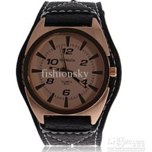 Stylish And Large Metal Case With Leather Band Watch 9317 (black)