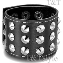 T&t Punk Stud Black Leather Bracelet Wristband (pk26)